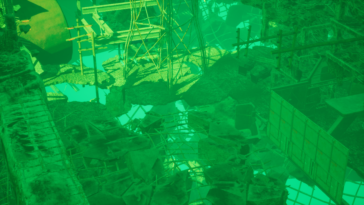 VR scene — top-down view of a dismembered structure